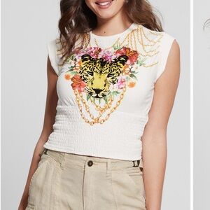 Guess leopard chain smocked waist graphic Tee